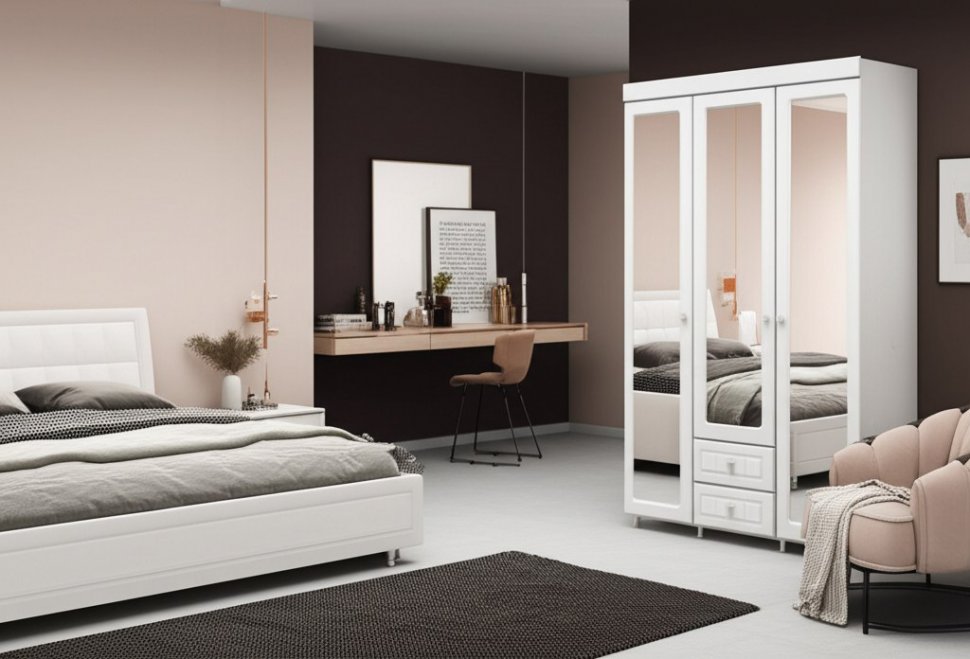 Шкаф 3-х дверный с ящиками и 3-я зеркалами Монако МН-58 белое дерево