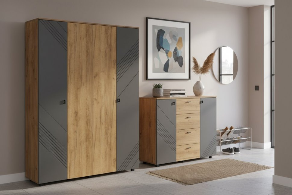 Шкаф четырехстворчатый Байкал, Дуб Золотой, Графит