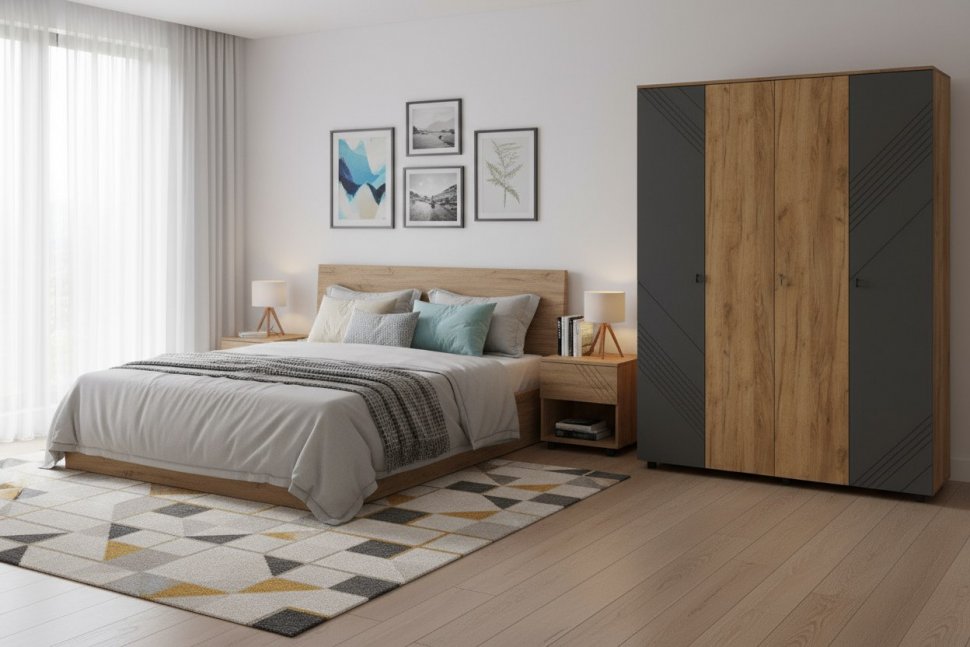 Шкаф четырехстворчатый Байкал, Дуб Золотой, Графит