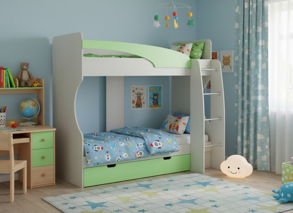 Карамель 77-02 кровать-чердак 2х этажная Ясень Анкор светлый / Зеленый