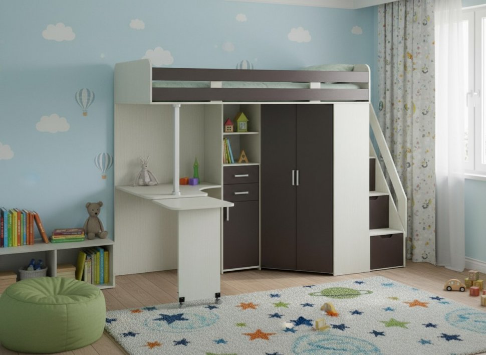 Карамель 77-03 кровать-чердак 2х этажная Ясень анкор Светлый / Бодега темный