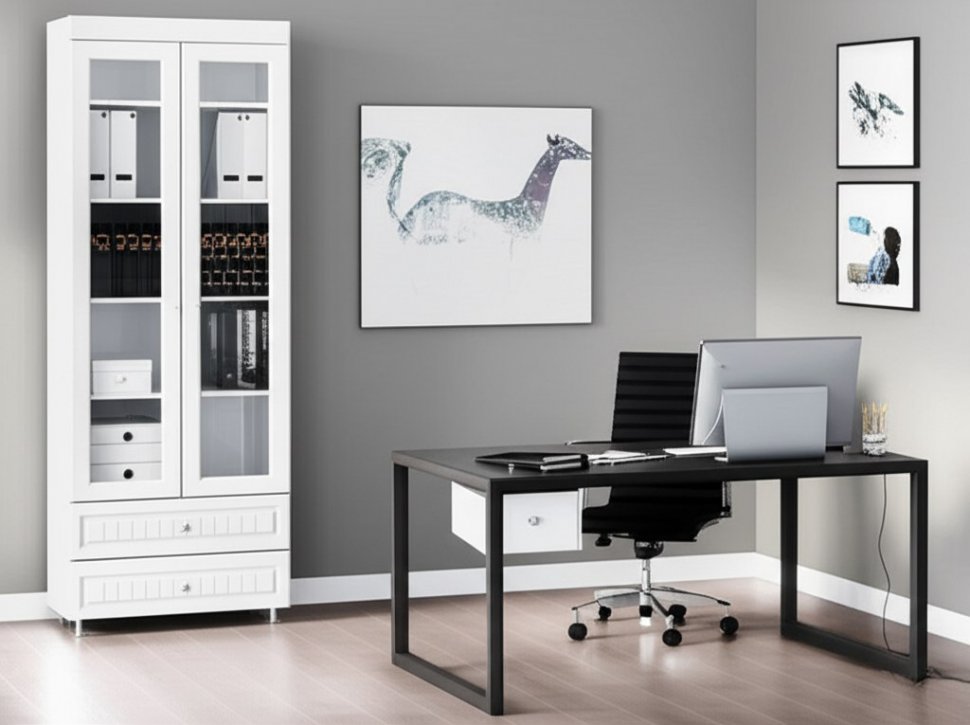 Шкаф 2-х дверный со стеклами и ящиками (гл.410) Монако МН-46 белое дерево