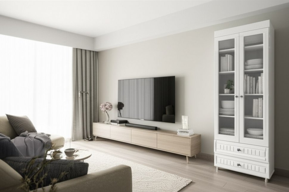 Шкаф 2-х дверный со стеклами и ящиками (гл.410) Монако МН-46 белое дерево