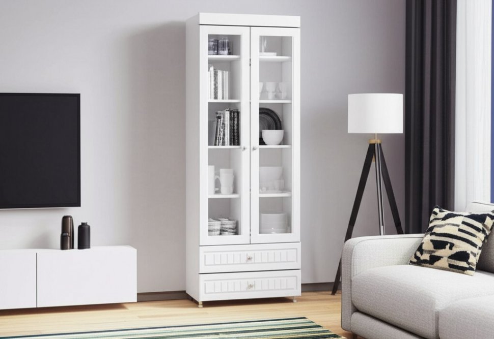 Шкаф 2-х дверный со стеклами и ящиками (гл.410) Монако МН-46 белое дерево