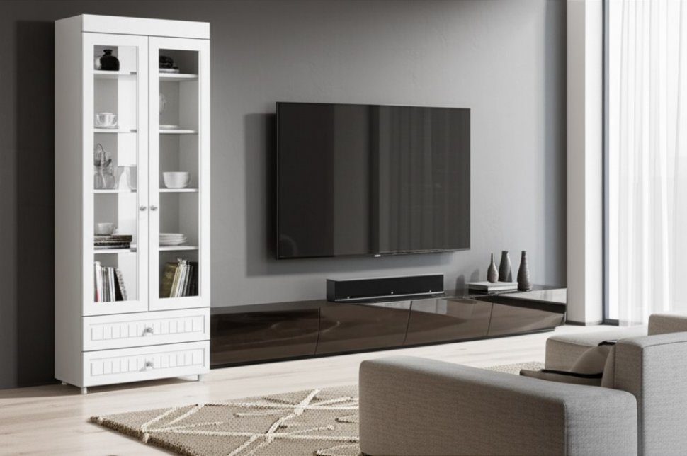 Шкаф 2-х дверный со стеклами и ящиками (гл.410) Монако МН-46 белое дерево