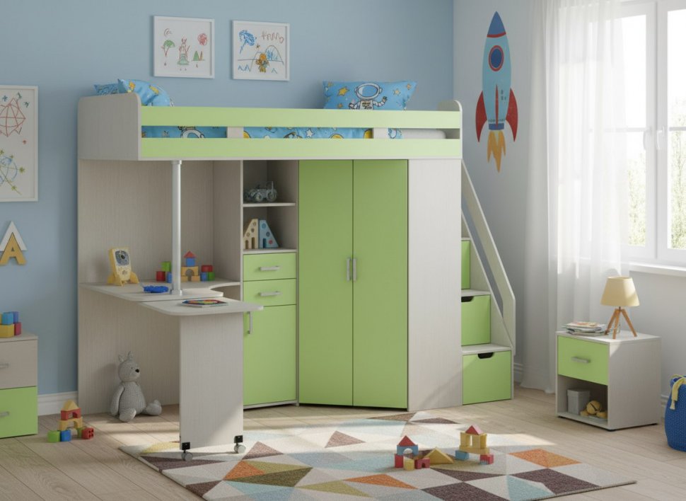Карамель 77-03 кровать-чердак 2х этажная Ясень анкор Светлый / Зеленый