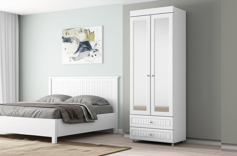 Шкаф 2-х дверный с зеркалами и ящиками (гл.410) Монако МН-45 белое дерево