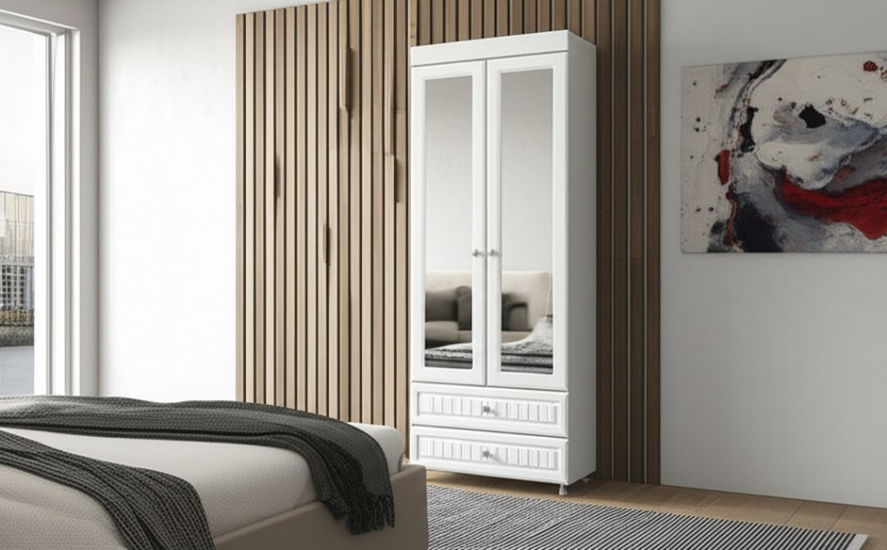 Шкаф 2-х дверный с зеркалами и ящиками (гл.410) Монако МН-45 белое дерево