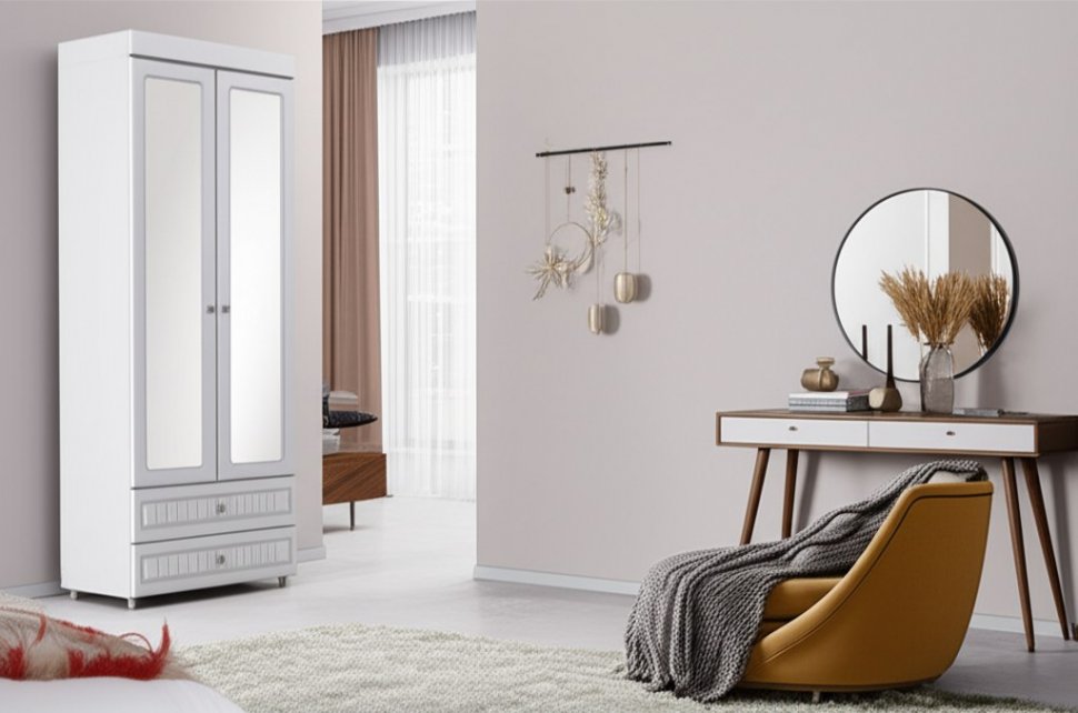 Шкаф 2-х дверный с зеркалами и ящиками (гл.410) Монако МН-45 белое дерево