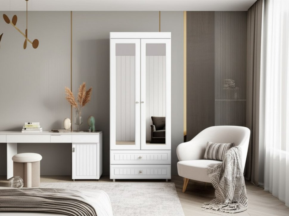 Шкаф 2-х дверный с зеркалами и ящиками (гл.410) Монако МН-45 белое дерево