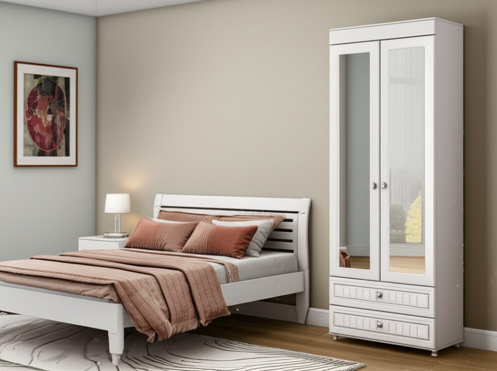 Шкаф 2-х дверный с зеркалами и ящиками (гл.410) Монако МН-45 белое дерево