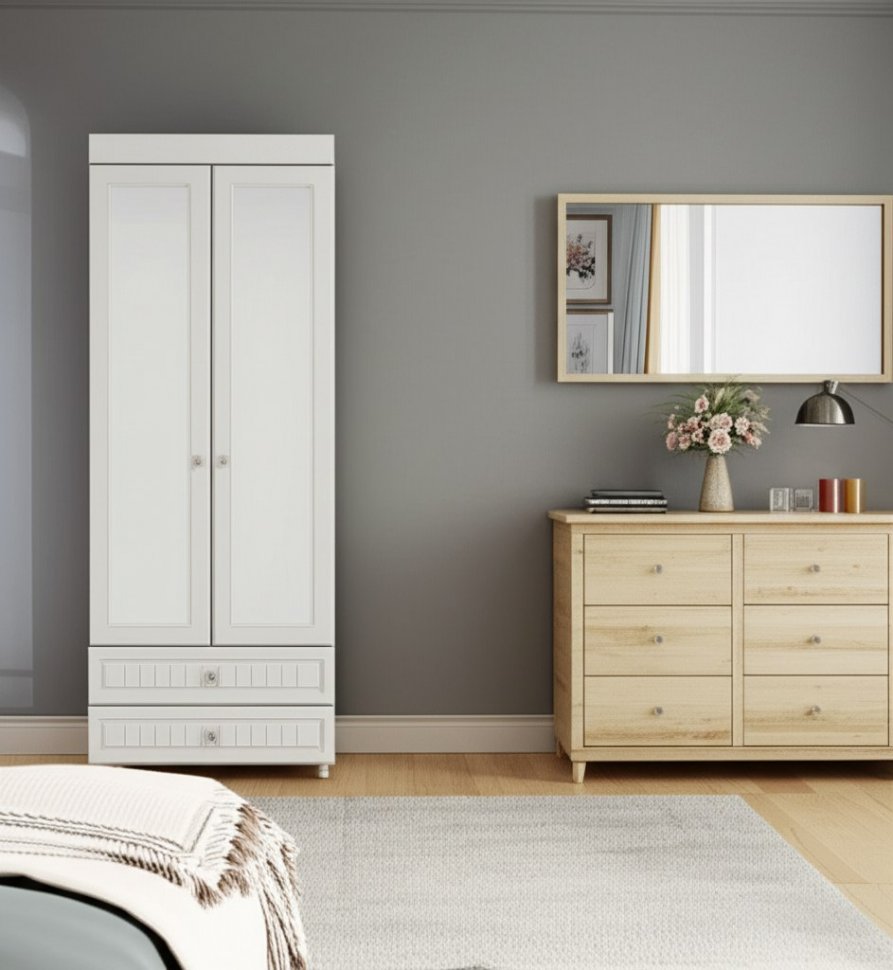 Шкаф 2-х дверный с зеркалами и ящиками (гл.410) Монако МН-45 белое дерево