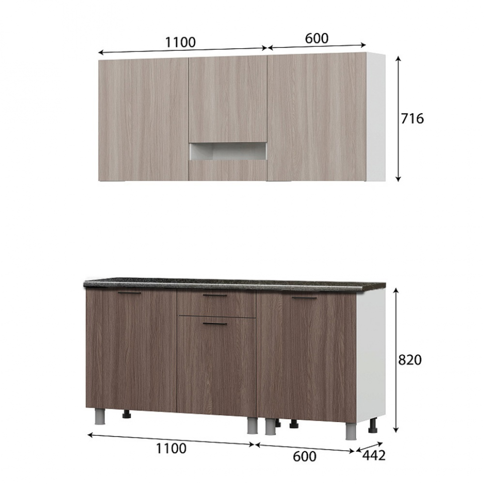 Кухня Розалия 1,7 м (со столешницей 26 мм), Ясень Шимо светлый, Ясень Шимо темный