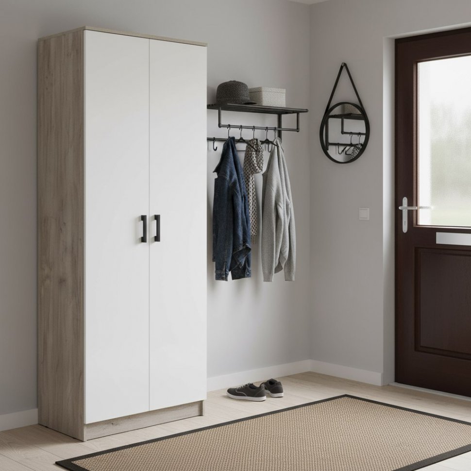 Шкаф двухстворчатый Ронда ШК-20, Дуб крафт серый, Белый