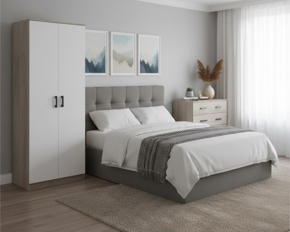 Шкаф двухстворчатый Ронда ШК-20, Дуб крафт серый, Белый