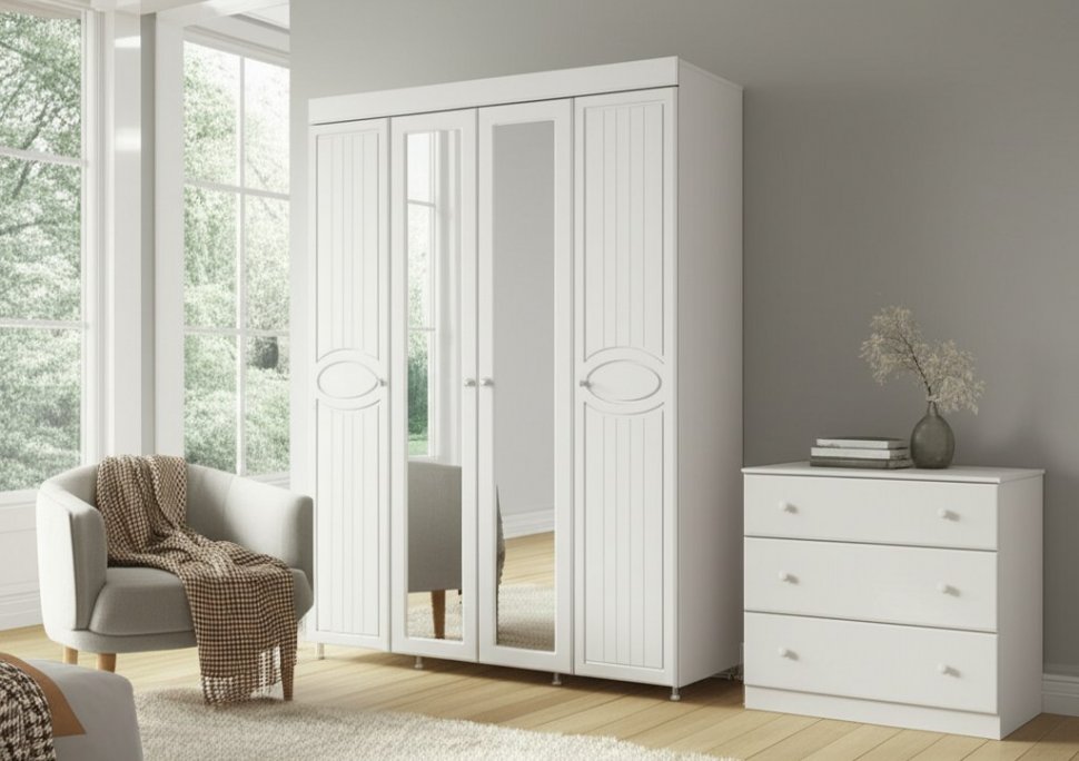 Шкаф 4-х дверный с 2-я зеркалами Монако МН-60 белое дерево