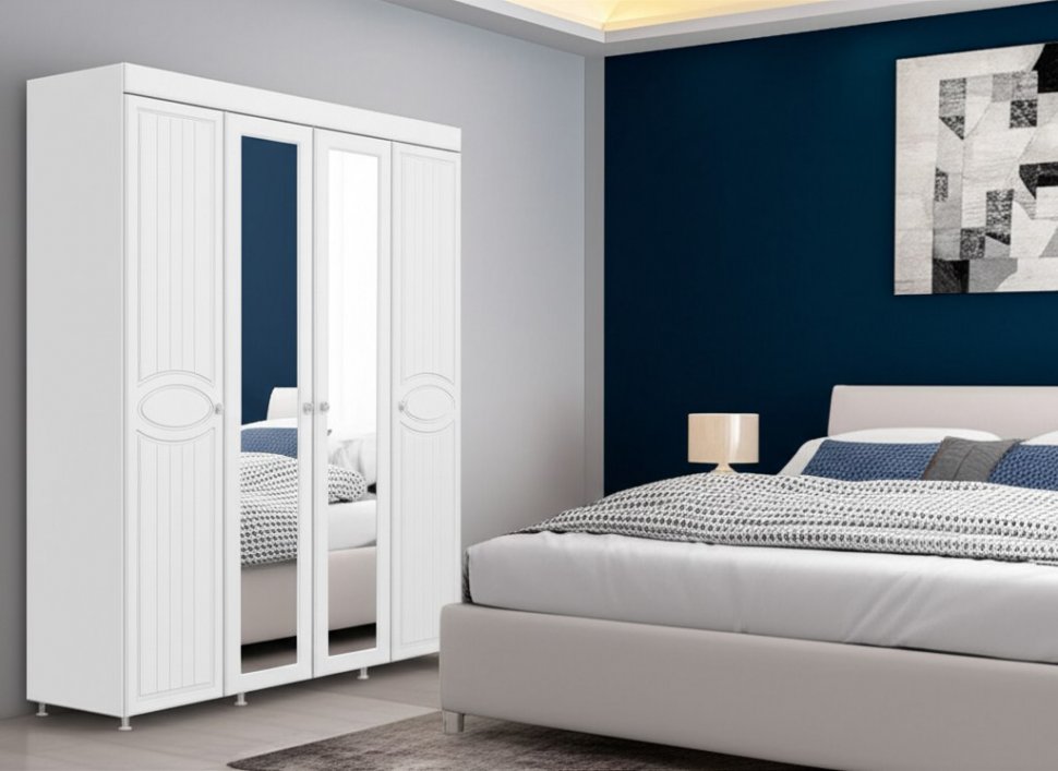 Шкаф 4-х дверный с 2-я зеркалами Монако МН-60 белое дерево