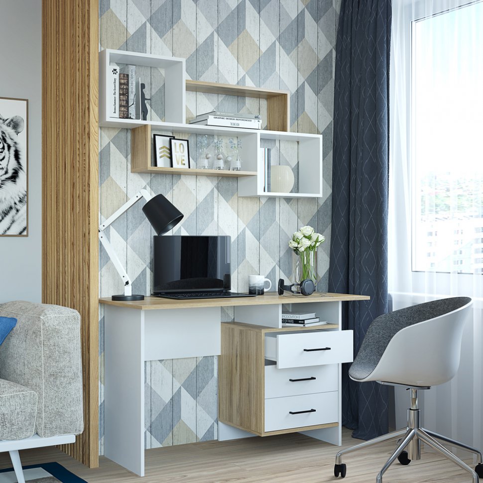 Письменный стол с ящиками Лайт (Горизонт) Белый / Дуб золотой