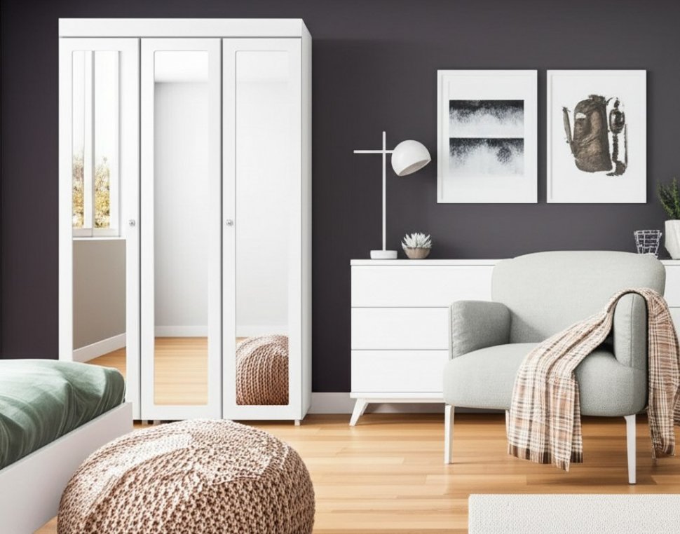 Шкаф 3-х дверный с 3-я зеркалами Монако МН-55 белое дерево