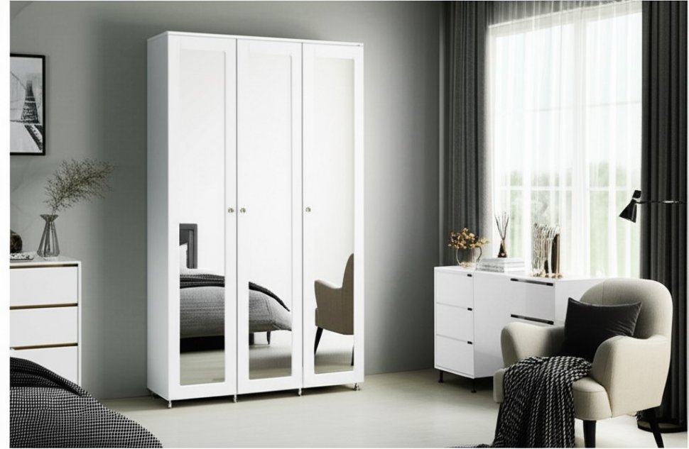 Шкаф 3-х дверный с 3-я зеркалами Монако МН-55 белое дерево