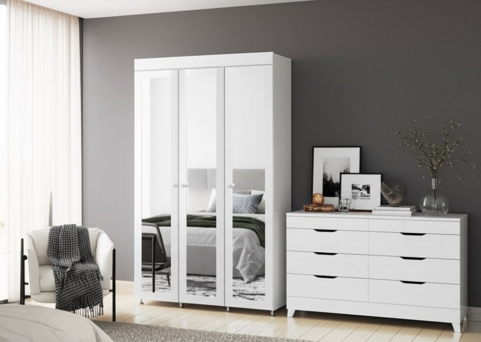 Шкаф 3-х дверный с 3-я зеркалами Монако МН-55 белое дерево