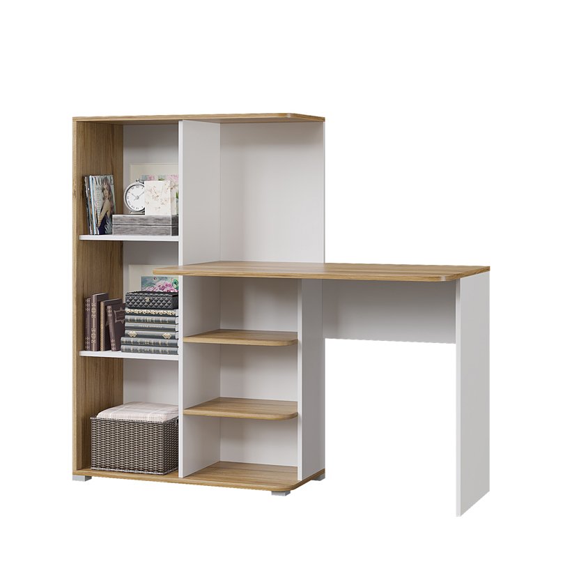 Компьютерный стол с полками Лайт (Горизонт) Белый / Дуб золотой