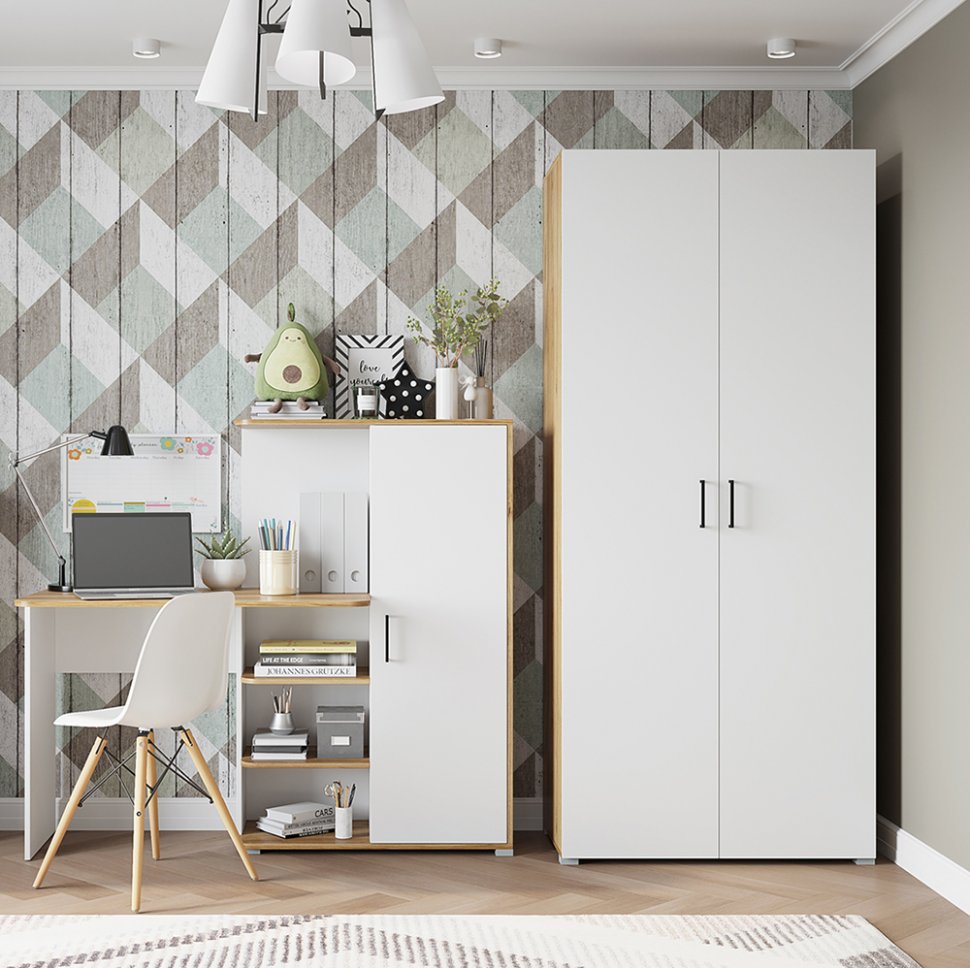 Компьютерный стол с полками Лайт (Горизонт) Белый / Дуб золотой