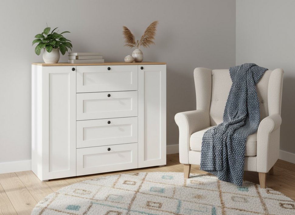 Остин Комод 16.221 Белый шагрень/Дуб Вотан