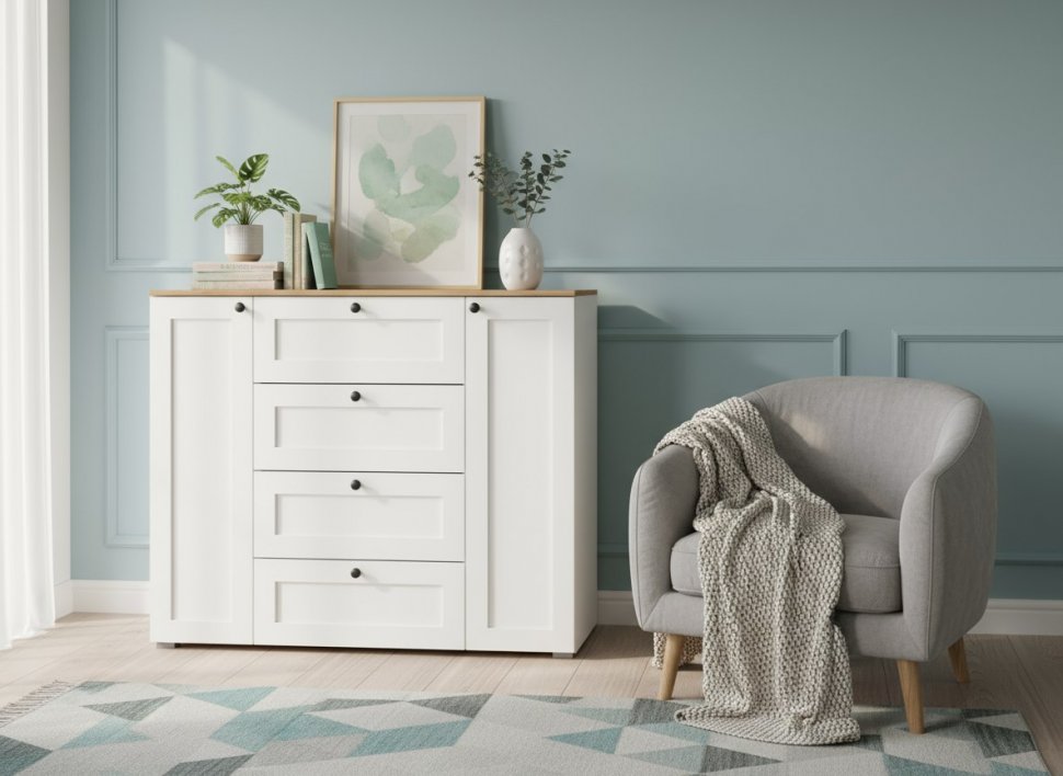 Остин Комод 16.221 Белый шагрень/Дуб Вотан