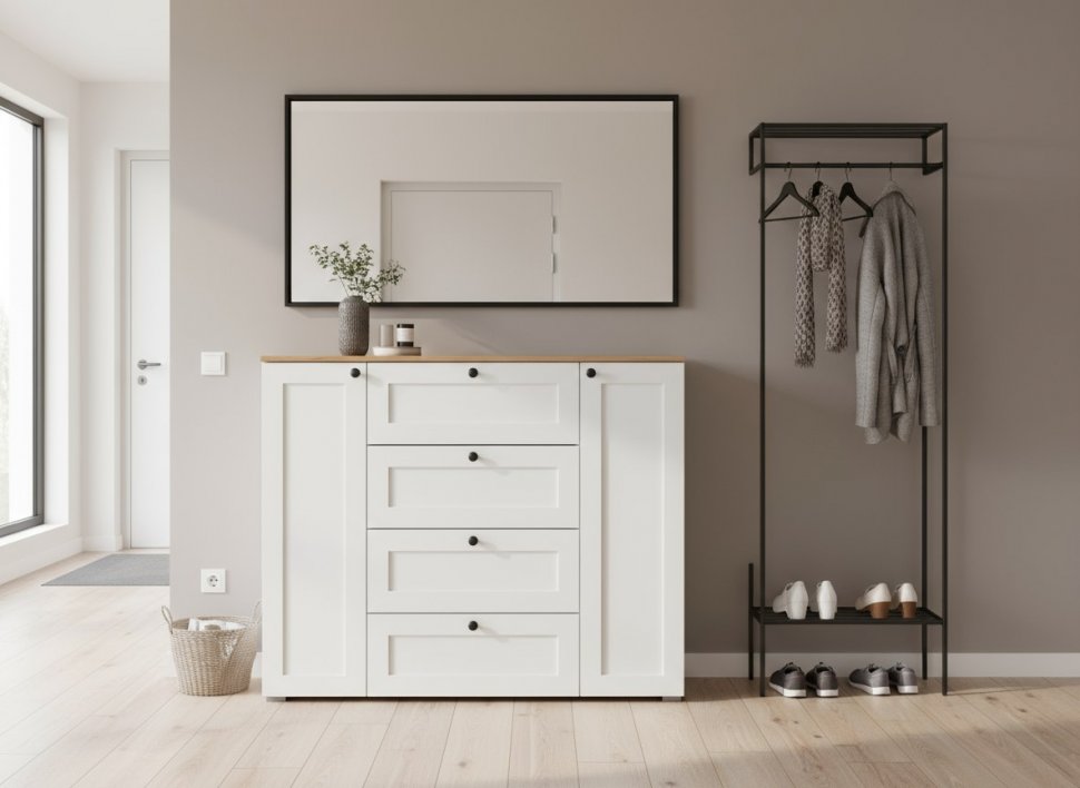 Остин Комод 16.221 Белый шагрень/Дуб Вотан