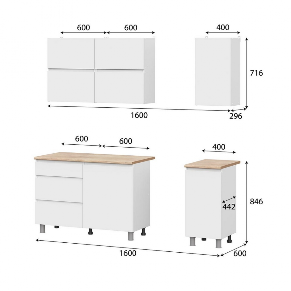 Кухня Токио 1,6 м, Белый