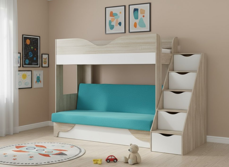 Латте 77-01 кровать-диван Дуб сонома / Аляска / Велюр Морская волна