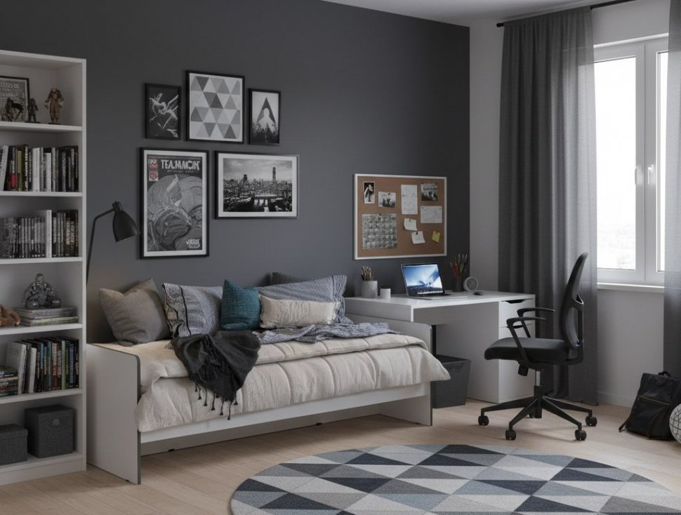 Кровать Асцелла 90х200, Белый, Графит серый