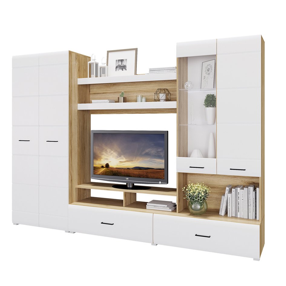 Стенка в гостиную Ненси-1 (Дуб золотой / Белый глянец)