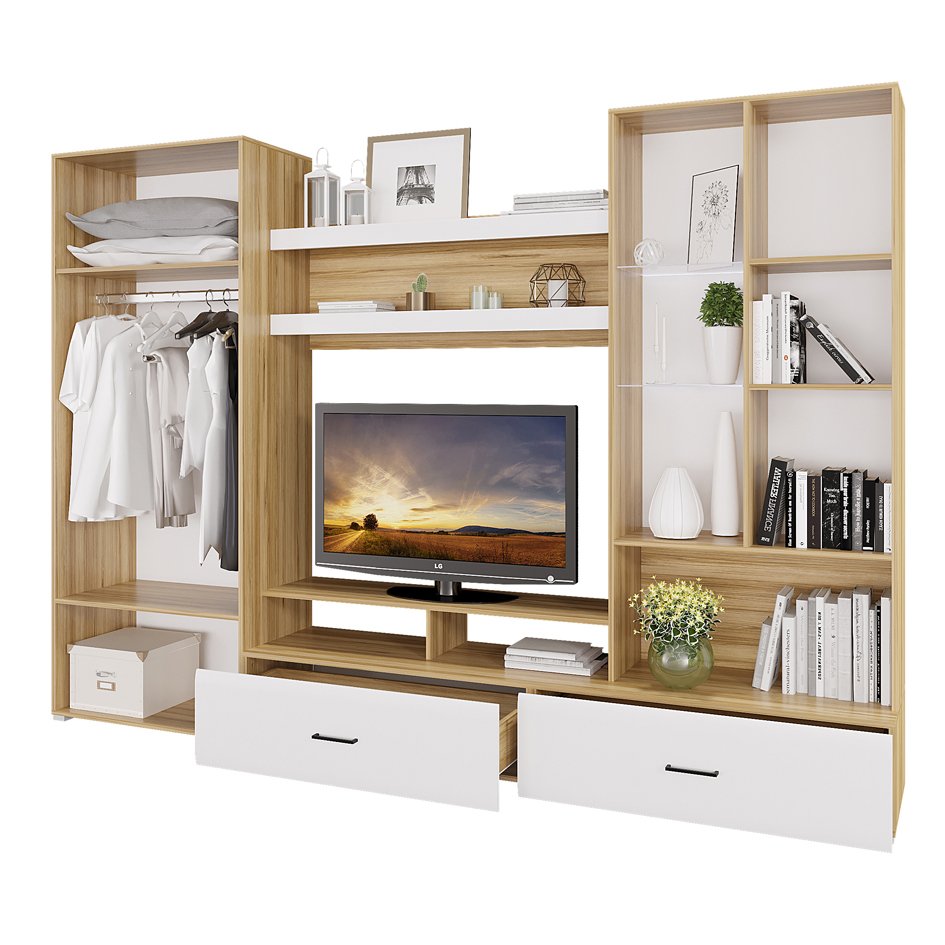 Стенка в гостиную Ненси-1 (Дуб золотой / Белый глянец)