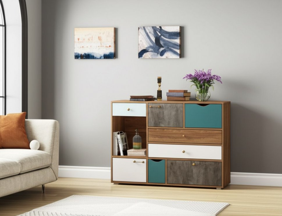 Вайс Комод 10.104 Морское дерево Винтаж/Камень Тем./Бензин/Белый