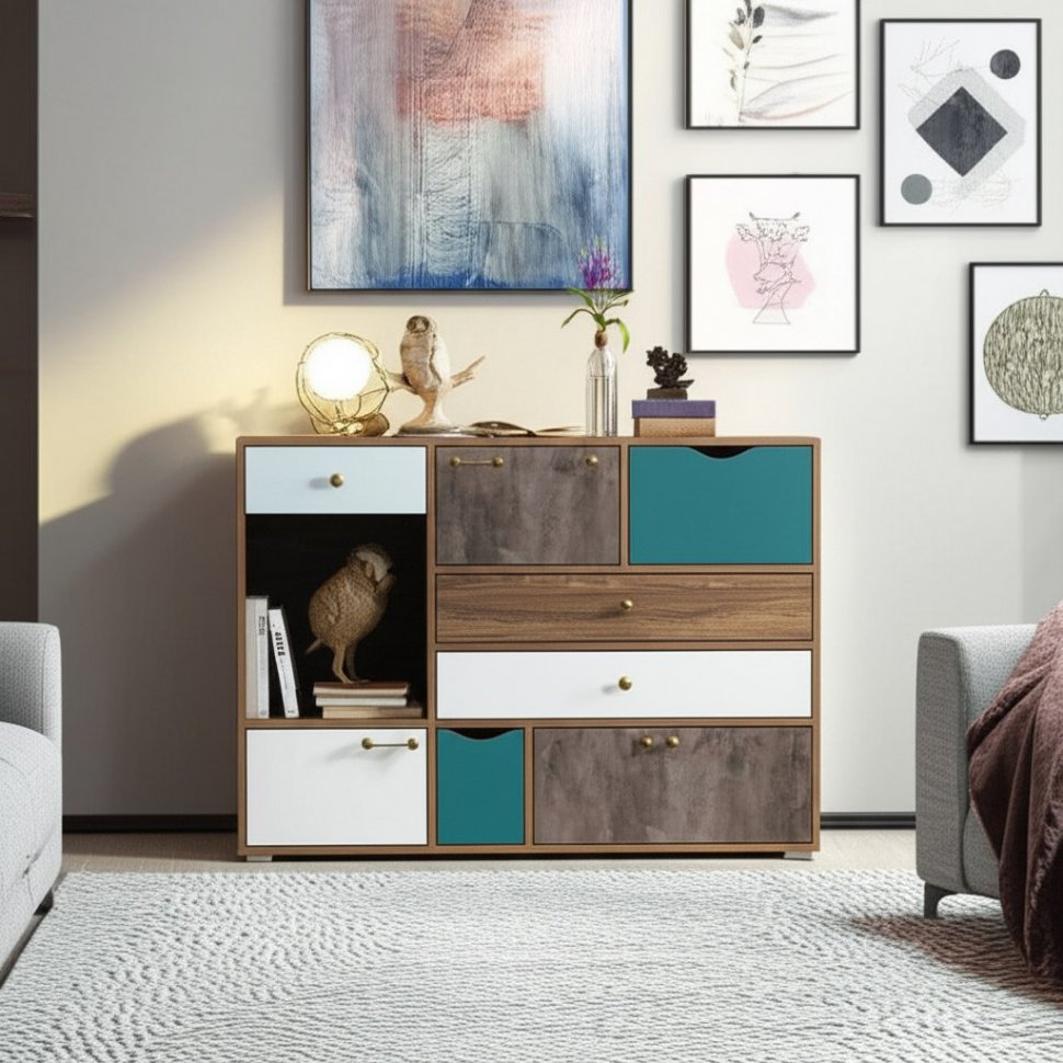 Вайс Комод 10.104 Морское дерево Винтаж/Камень Тем./Бензин/Белый