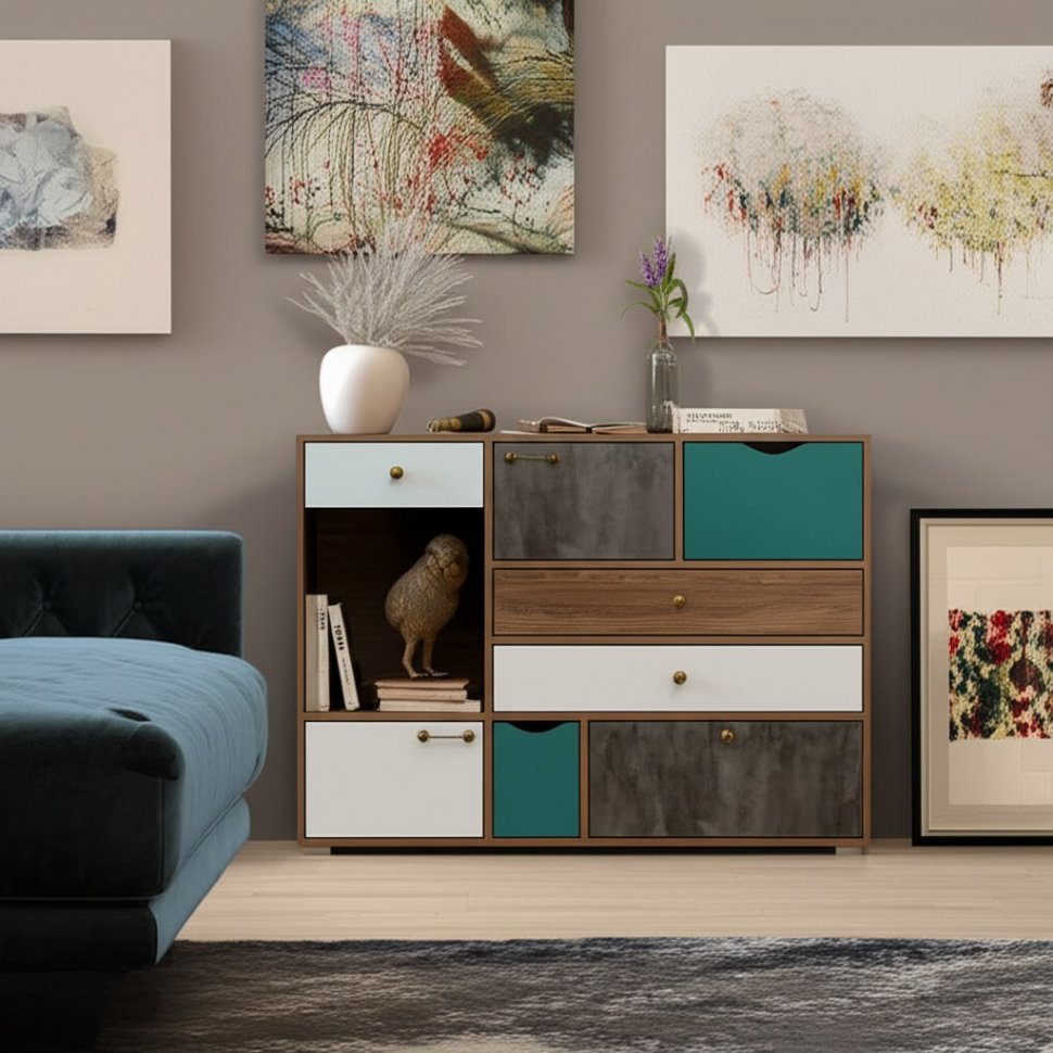 Вайс Комод 10.104 Морское дерево Винтаж/Камень Тем./Бензин/Белый