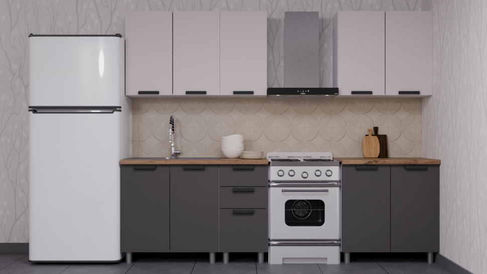 Кухня Аленушка 2м Лаванда Кашемир/Сталь, черный (без столешницы)