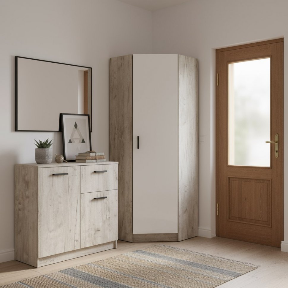 Шкаф угловой Вега, Дуб крафт серый, Белый