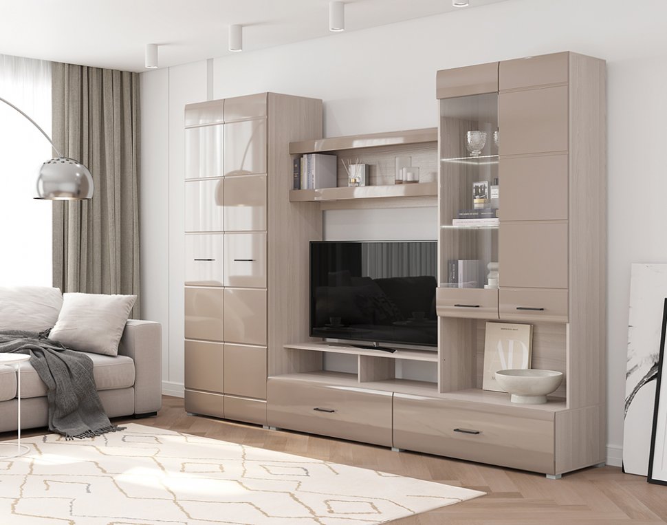 Стенка в гостиную Ненси-1 (Ясень шимо светлый / Капучино глянец)