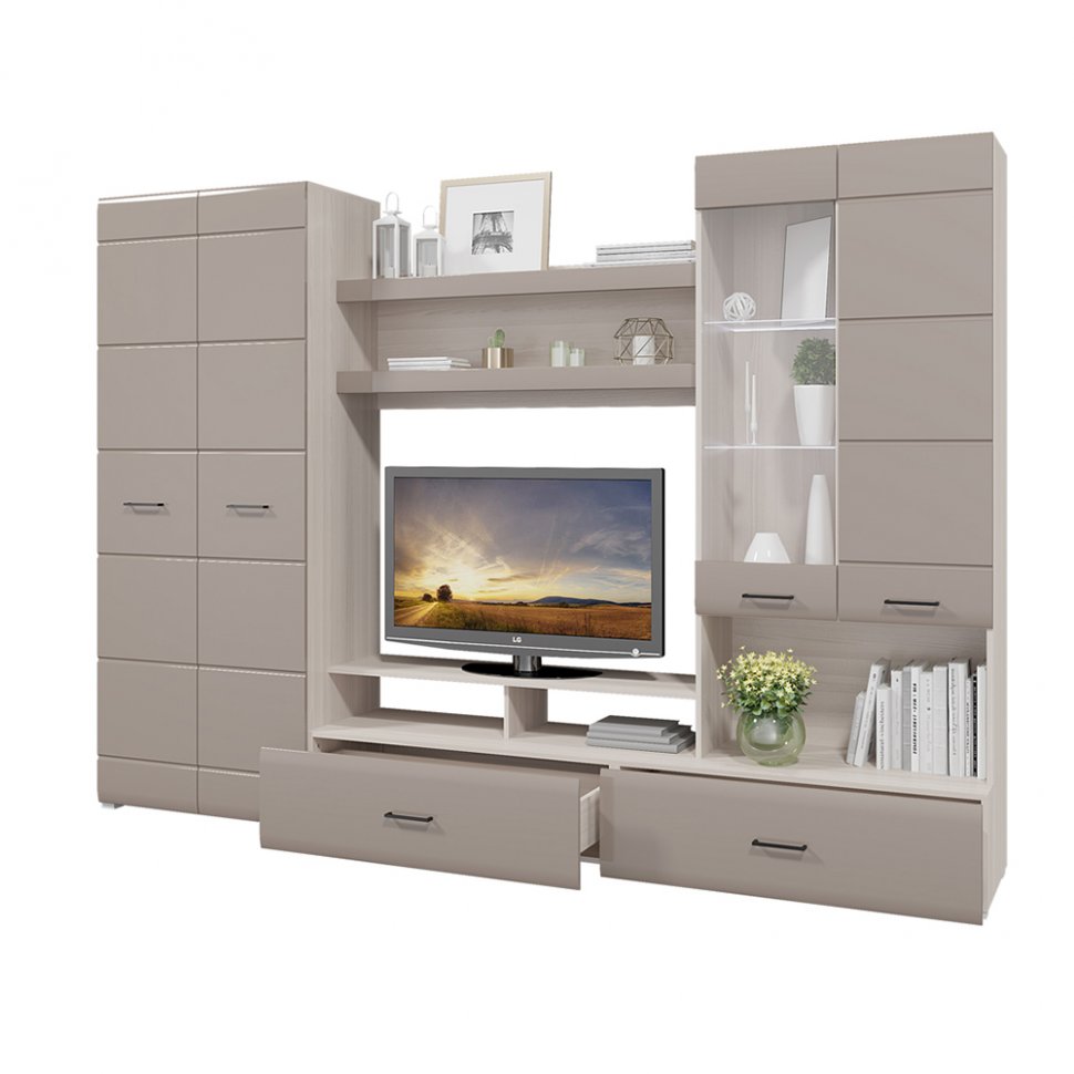 Стенка в гостиную Ненси-1 (Ясень шимо светлый / Капучино глянец)