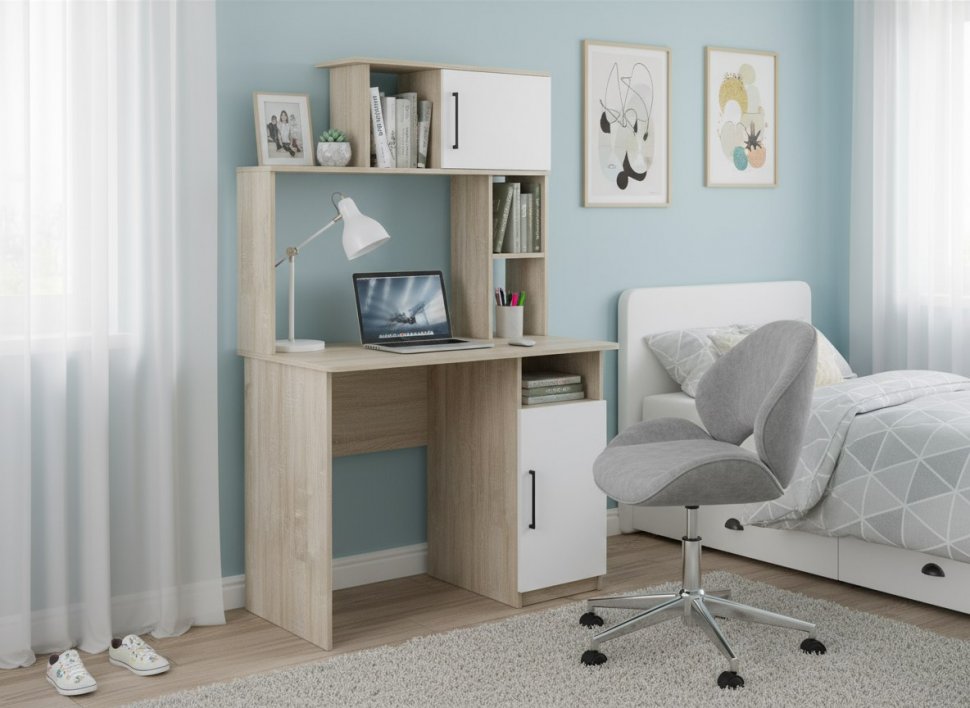 Интел-12 стол компьютерный Дуб сонома / Белый снег