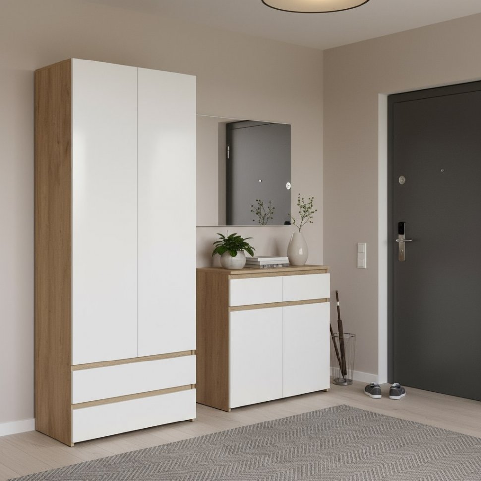 Шкаф двухстворчатый с ящиками Некст 1, Дуб золотой, Белый