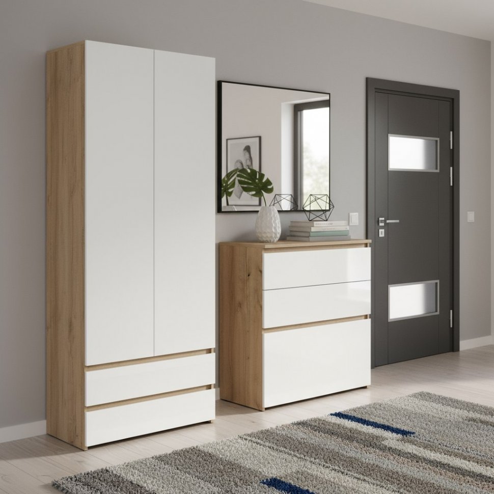 Шкаф двухстворчатый с ящиками Некст 1, Дуб золотой, Белый