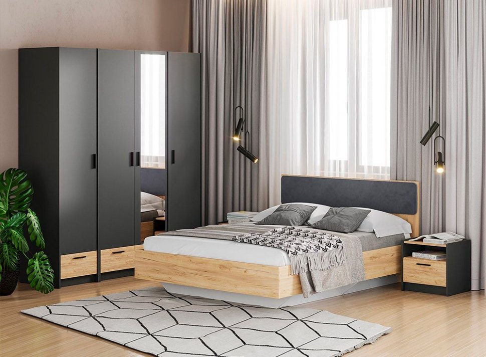 Спальня Оттавия 4 с зеркалом Антрацит / Дуб золотой