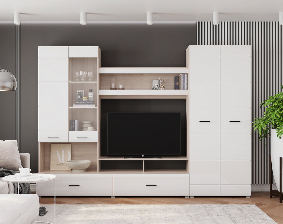 Стенка в гостиную Ненси-1 (Ясень шимо светлый / Белый глянец)