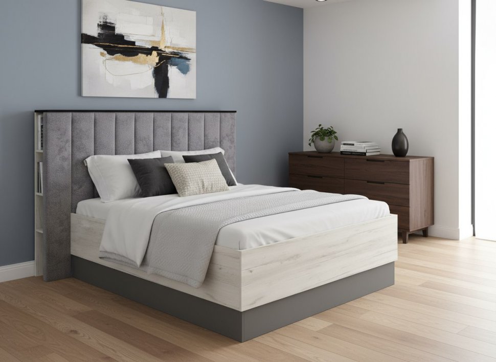 Бастион Кровать с п/м 1600х2000 / Дуб Крафт Белый / Серый Шифер Версаль 08 