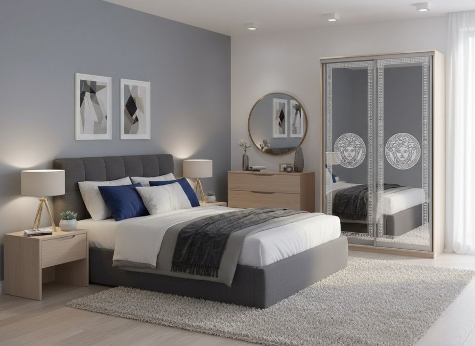 Шкаф купе Модерн 1190х450 2-х дверный 2-х секционный зеркальный с пескоструем №1 ясень