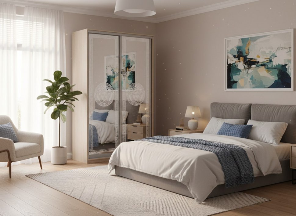 Шкаф купе Модерн 1190х450 2-х дверный 2-х секционный зеркальный с пескоструем №1 ясень